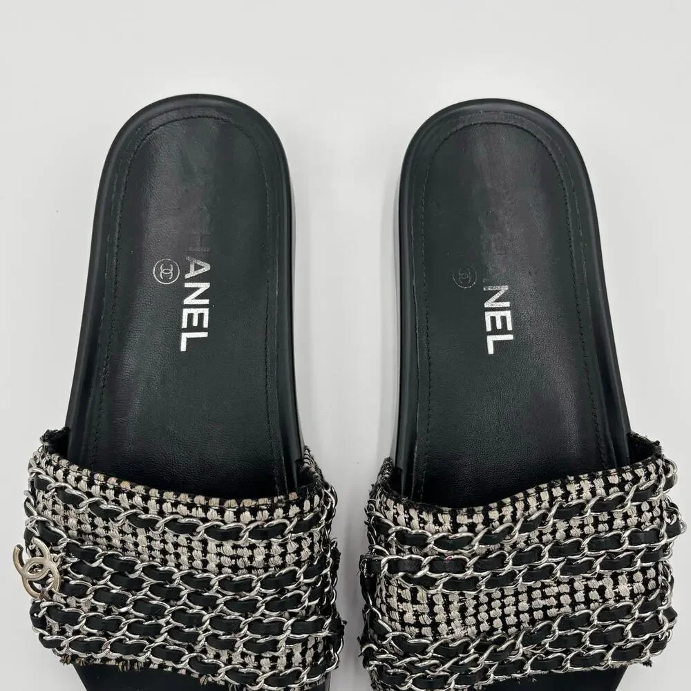 Chanel CC Chain Slide Sandals Flat Canvas Slip On Shoes Black Tweed Size 38